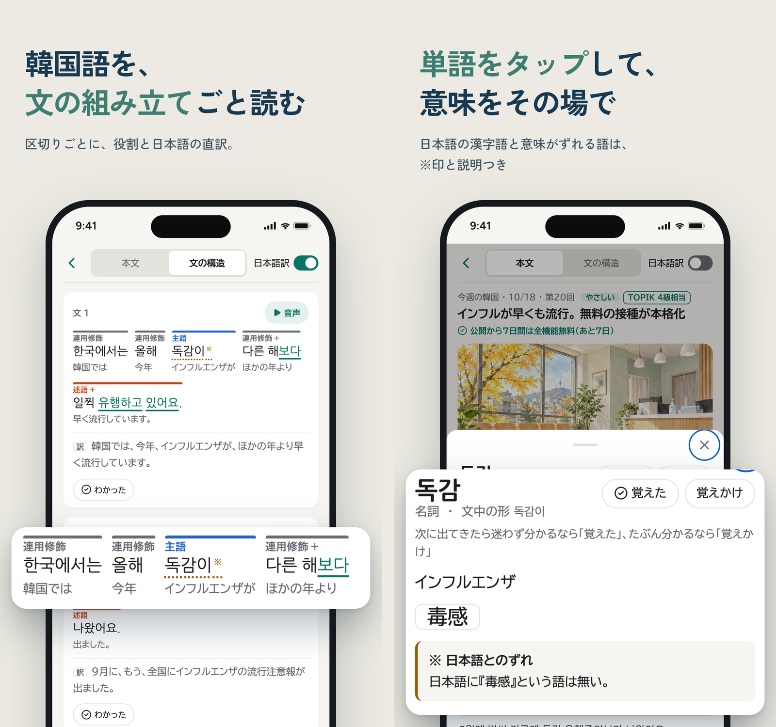 OtoOi Readerの画面。左は、文を区切りごとに分け、役割の名前と日本語の直訳を添えた「文の構造」。右は、単語を押して開いた説明で、독감(毒感)に「日本語とのずれ」の注記が付いている