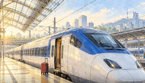 A KTX train at a station platform, the illustration for Kai's Train Trips