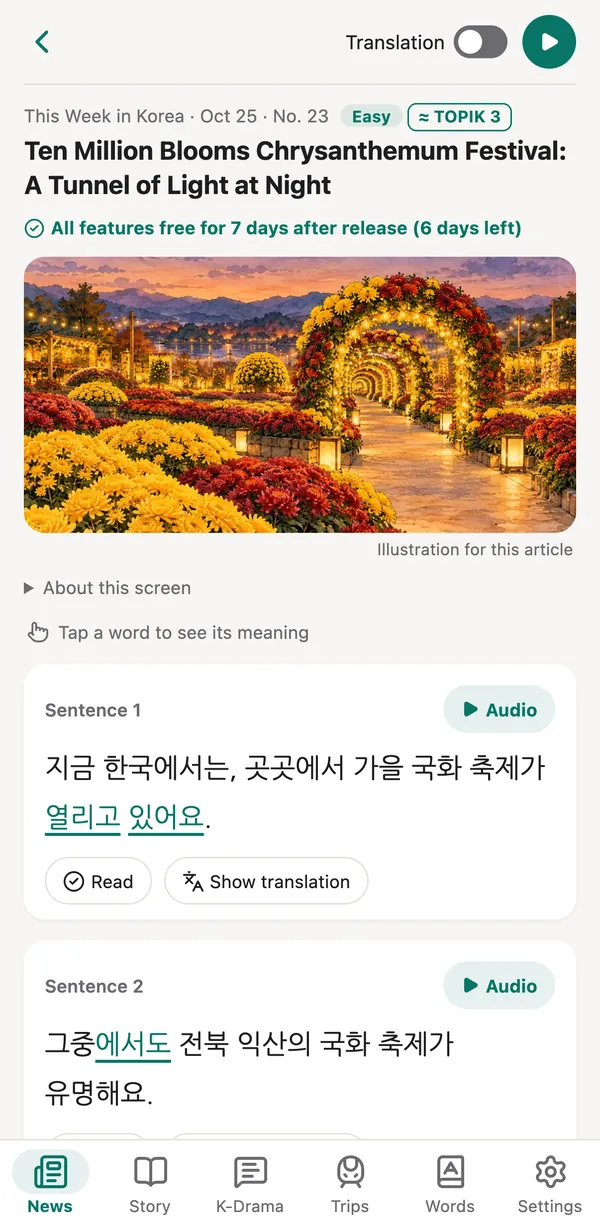 An article. Play all at the top right, and Audio, Read and Show translation for each sentence