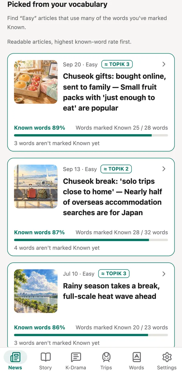 Picked from your vocabulary: articles listed with their known-word rate