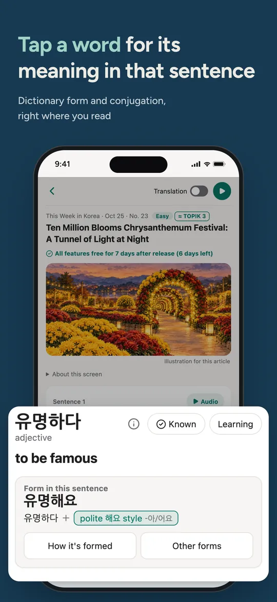 Word details for 유명하다 (to be famous), with the form used in the sentence, 유명해요, in the polite 해요 style