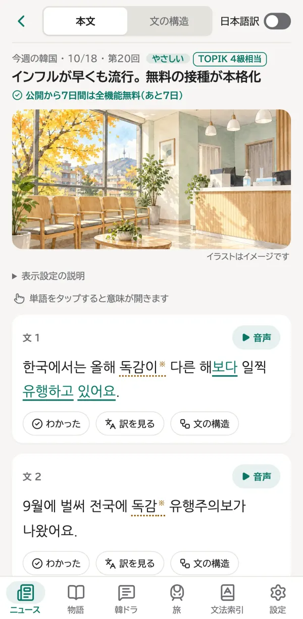 記事の画面。文ごとに「音声」「わかった」「訳を見る」「文の構造」のボタンが並んでいます