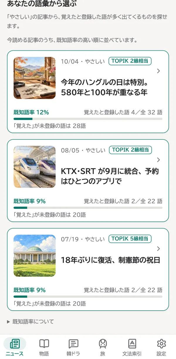 「あなたの語彙から選ぶ」の画面。記事ごとに既知語率が出ています