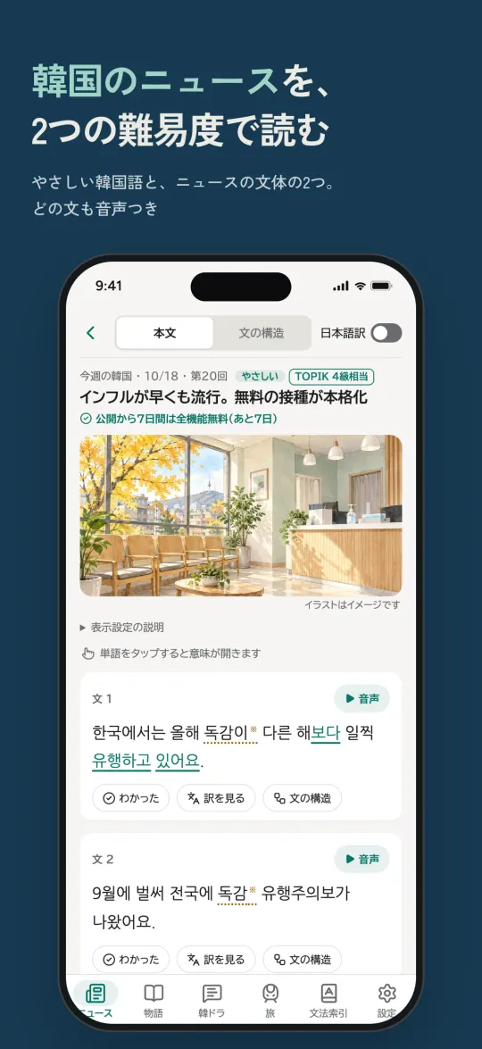 ニュースの記事の画面。やさしい韓国語と、ニュースの文体の2つの難易度があり、どの文も音声つきです