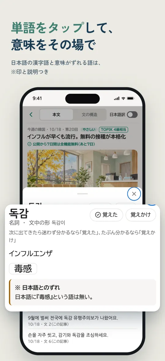 単語を押して開いた説明。독감（毒感）には、日本語の漢字語と意味がずれることの注記が付いています